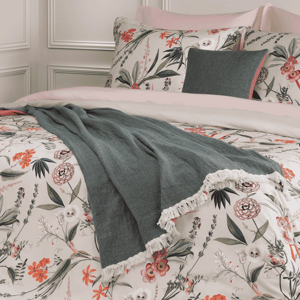 Dommelin Plaid Bravio Katoen-Wol 300 gr/m2, dekbedovertrek, bloemenmotief, grijze plaid, kussen, bedtextiel
