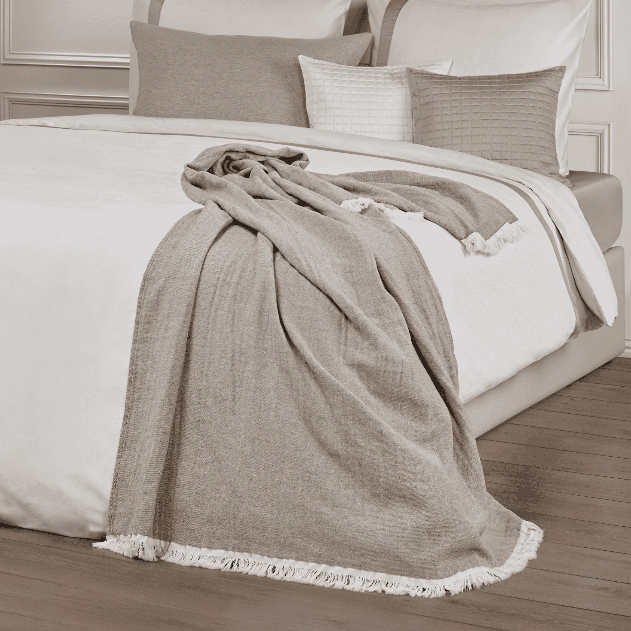 Dommelin Plaid Bravio Katoen-Wol 300 gr/m2, bed, duvet, throw, deken, kussen, neutraal, franje, linnen