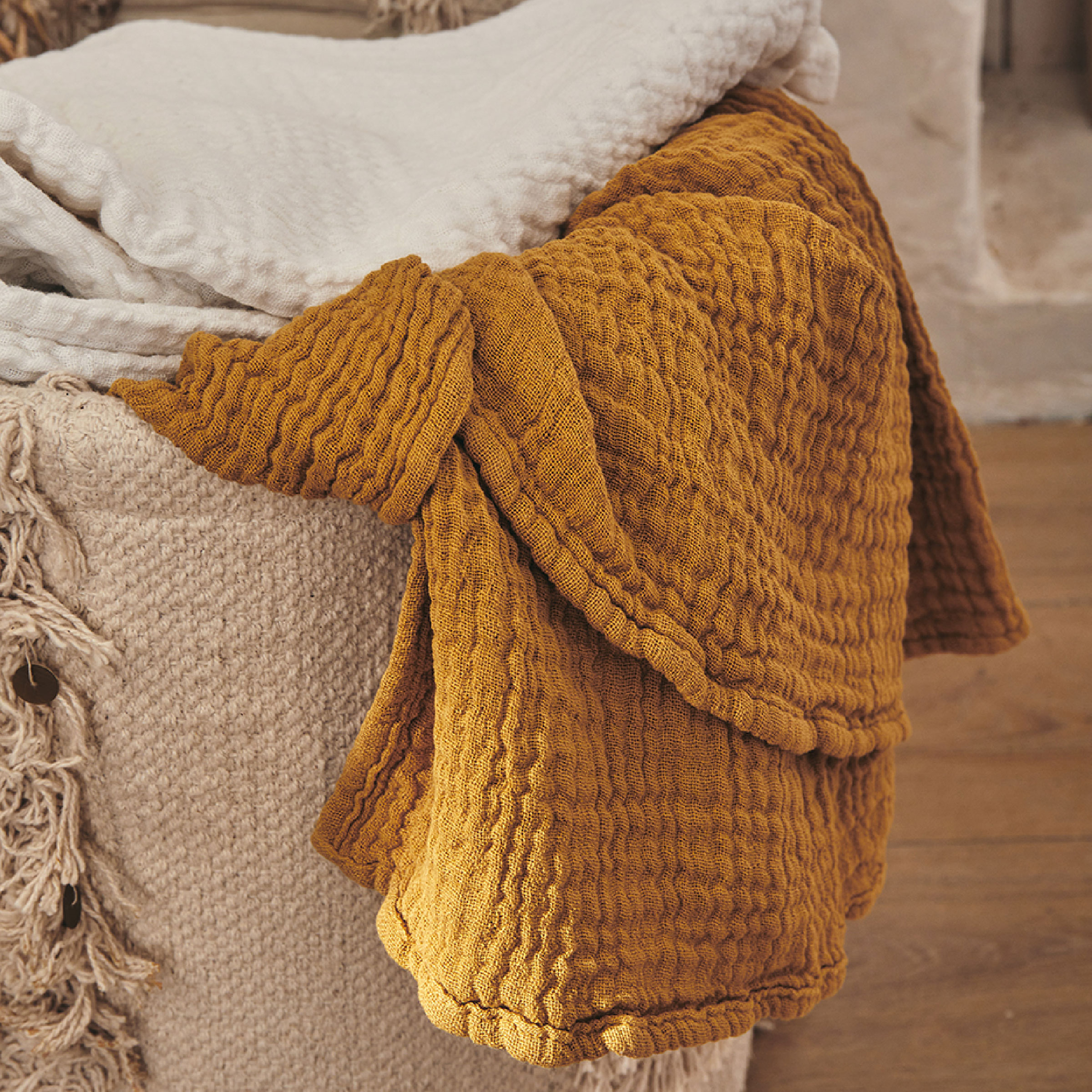 Essix Sprei Jazzy Stonewashed Katoengaas Moutarde 260 x 240 cm